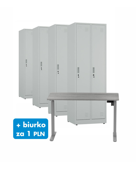 4x Szafa socjalna ubraniowa, 1800x600x500 mm, szara + 1x Biurko z elektryczną regulacją wysokości, szare za 1 zł - TechViking