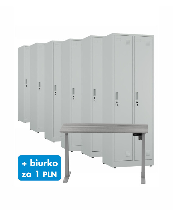 6x Szafa socjalna ubraniowa, 1800x600x500 mm, szara + 1x Biurko z elektryczną regulacją wysokości, szare za 1 zł - TechViking