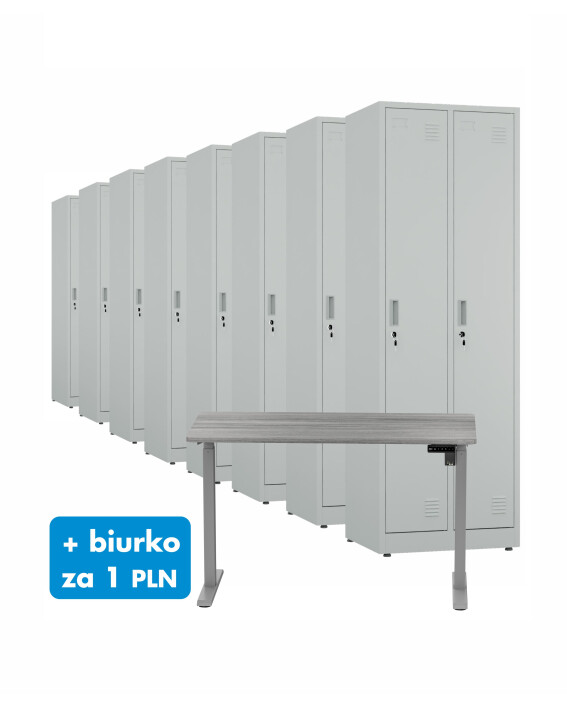 8x Szafa socjalna ubraniowa, 1800x600x500 mm, szara + 1x Biurko z elektryczną regulacją wysokości, szare za 1 zł - TechViking
