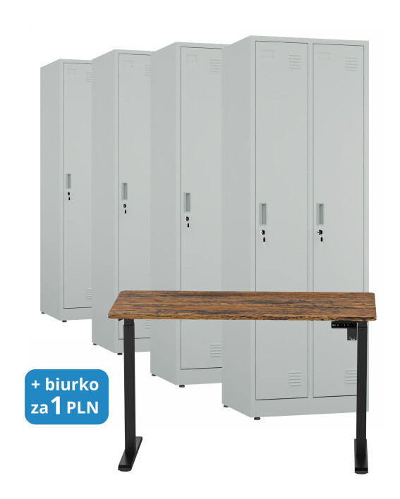 4x Szafa socjalna ubraniowa, 1800x600x500 mm, szara + 1x Biurko z elektryczną regulacją wysokości, orzech/czarne za 1 zł - TechViking