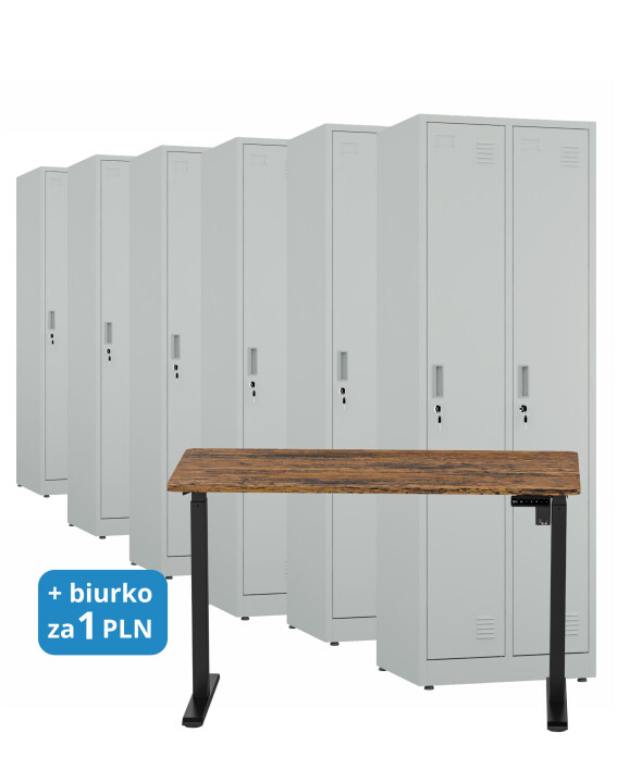 6x Szafa socjalna ubraniowa, 1800x600x500 mm, szara + 1x Biurko z elektryczną regulacją wysokości, orzech/czarne za 1 zł - TechViking