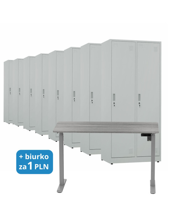 8x Szafa socjalna BHP ubraniowa, 1800x800x500 mm, szara + 1x Biurko z elektryczną regulacją wysokości, szare za 1 zł - TechViking
