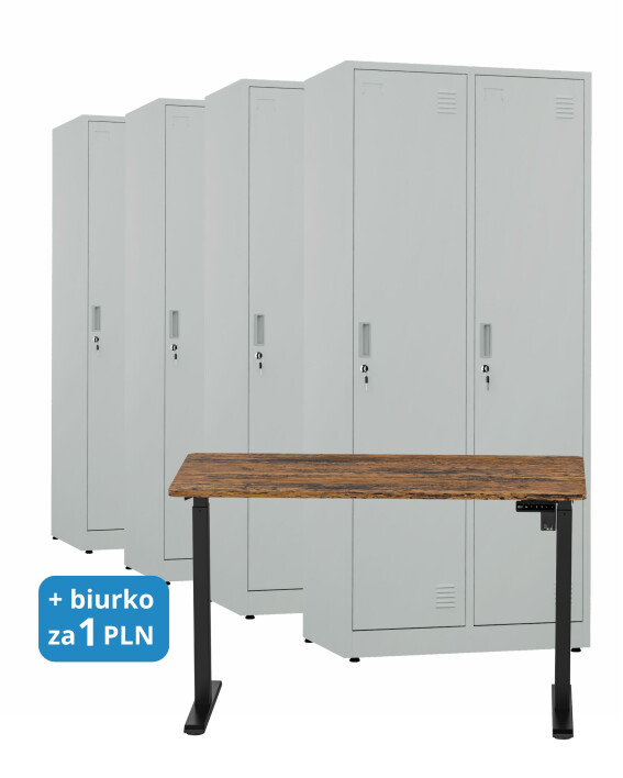 4x Szafa socjalna BHP ubraniowa, 1800x800x500 mm, szara + 1x Biurko z elektryczną regulacją wysokości, orzech/czarne za 1 zł - TechViking