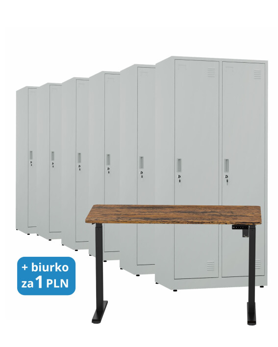6x Szafa socjalna BHP ubraniowa, 1800x800x500 mm, szara + 1x Biurko z elektryczną regulacją wysokości, orzech/czarne za 1 zł - TechViking