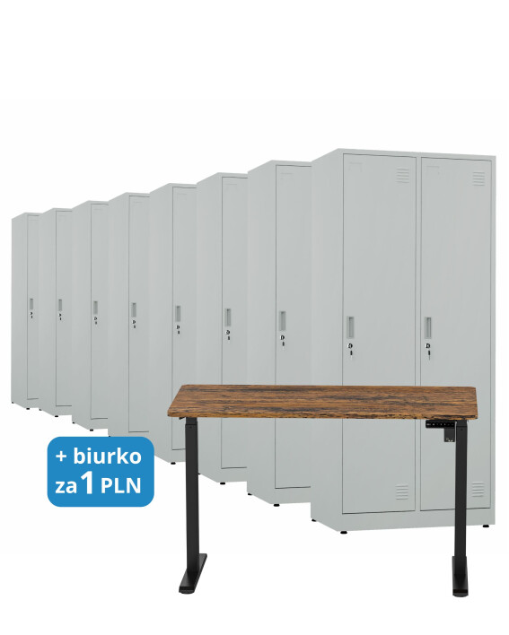 8x Szafa socjalna BHP ubraniowa, 1800x800x500 mm, szara + 1x Biurko z elektryczną regulacją wysokości, orzech/czarne za 1 zł - TechViking