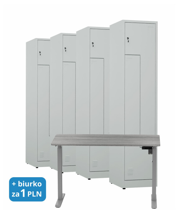 4x Ubraniowa szafa metalowa typu L, 1800x400x500 mm, szara + 1x Biurko z elektryczną regulacją wysokości, szare za 1 zł - TechViking