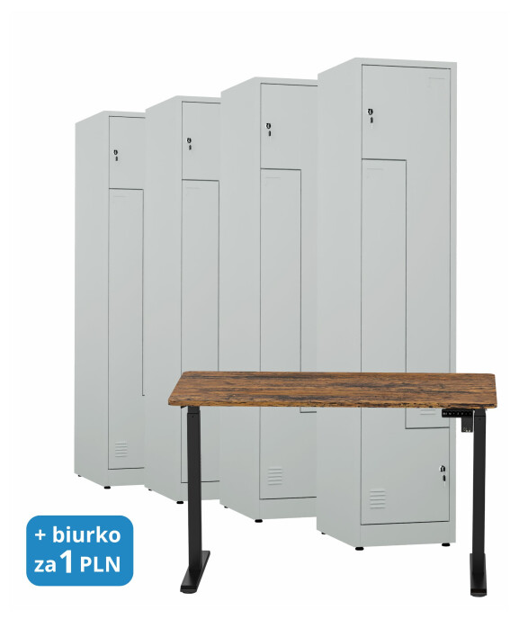 4x Ubraniowa szafa metalowa typu L, 1800x400x500 mm, szara + 1x Biurko z elektryczną regulacją wysokości, orzech/czarne za 1 zł - TechViking