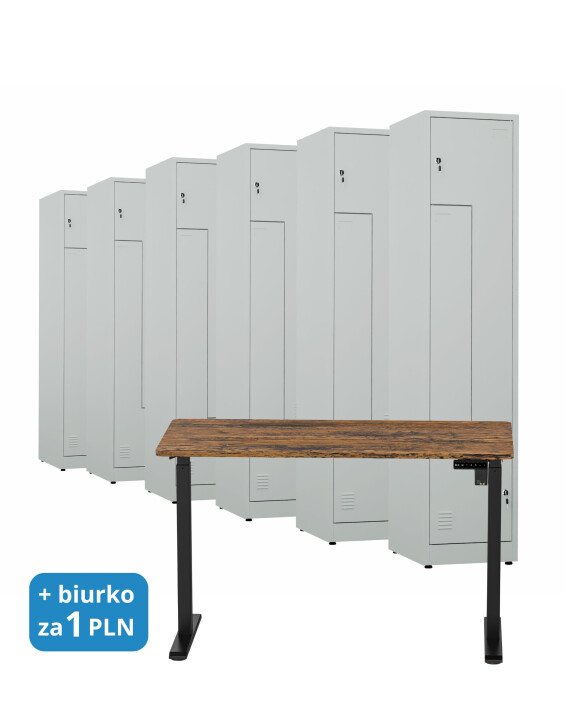 6x Ubraniowa szafa metalowa typu L, 1800x400x500 mm, szara + 1x Biurko z elektryczną regulacją wysokości, orzech/czarne za 1 zł - TechViking