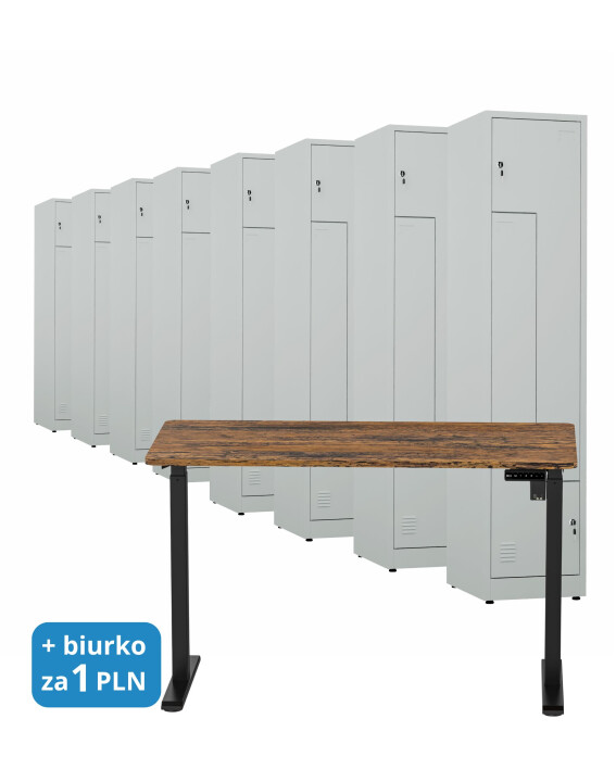 8x Ubraniowa szafa metalowa typu L, 1800x400x500 mm, szara + 1x Biurko z elektryczną regulacją wysokości, orzech/czarne za 1 zł - TechViking