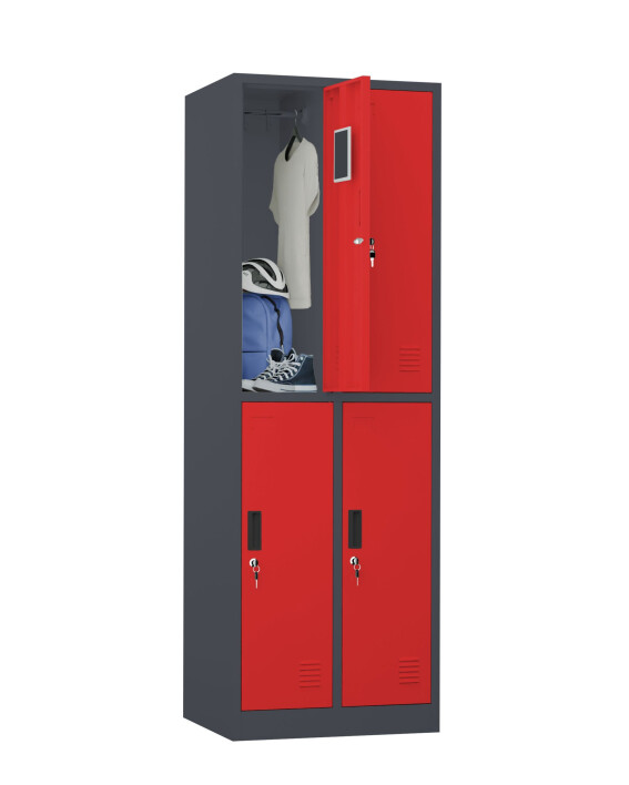 Szafa skrytkowa ubraniowa 4-drzwiowa, 1800x600x500 mm, grafitowo-czerwona - TechViking