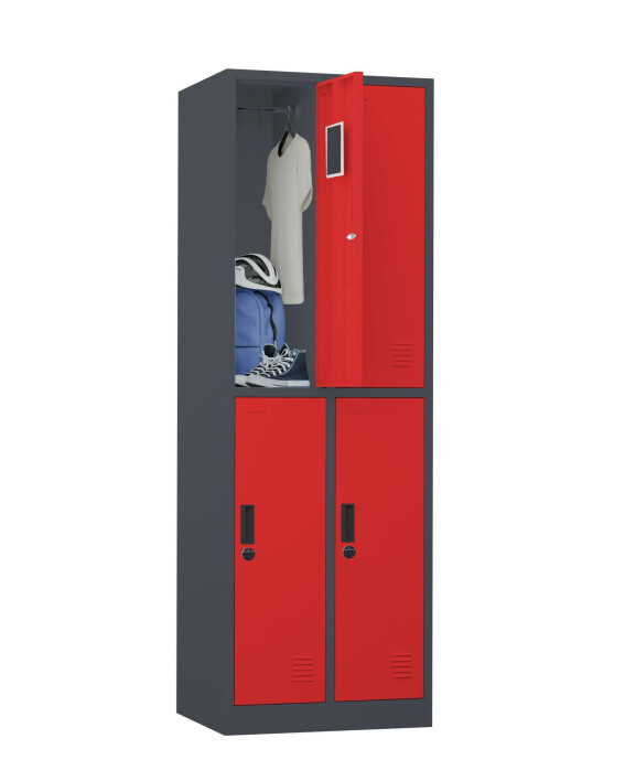 Szafa skrytkowa ubraniowa 4-drzwiowa, zamek elektroniczny, 1800x600x500 mm, grafitowo-czerwona - TechViking