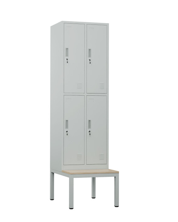 Szafa skrytkowa ubraniowa 4-drzwiowa z ławką, 1800x600x500 mm, szara - TechViking