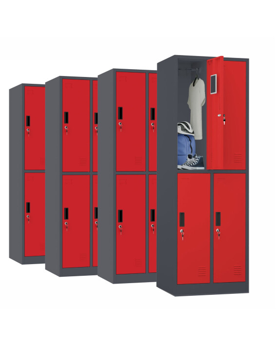 4x Szafa skrytkowa ubraniowa 4-drzwiowa, 1800x600x500 mm, grafitowo-czerwona - TechViking