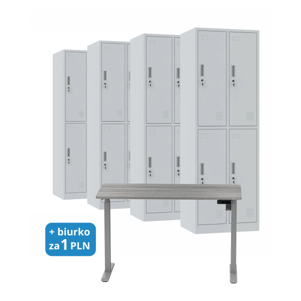 4x Szafa skrytkowa ubraniowa 4-drzwiowa, 1800x600x500 mm, szara + 1x Biurko z elektryczną regulacją wysokości, szare za 1 zł - TechViking #1