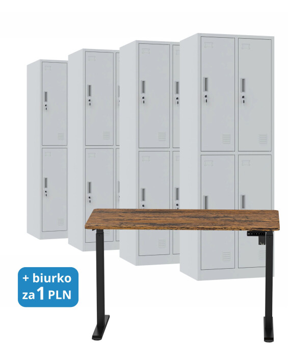 4x Szafa skrytkowa ubraniowa 4-drzwiowa, 1800x600x500 mm, szara + 1x Biurko z elektryczną regulacją wysokości, orzech/czarne za 1 zł - TechViking