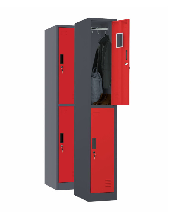 2 x Szafa skrytkowa ubraniowa 2-drzwiowa, 1800x300x500 mm, grafitowo-czerwona - TechViking