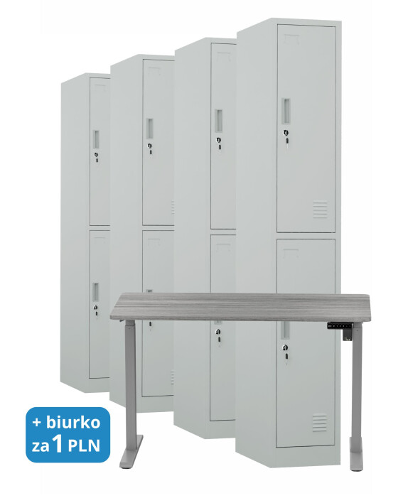 4x Szafa skrytkowa ubraniowa 2-drzwiowa, 1800x300x500 mm, szara + 1x Biurko z elektryczną regulacją wysokości, szare za 1 zł - TechViking