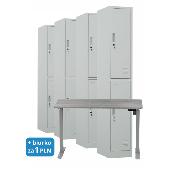 4x Szafa skrytkowa ubraniowa 2-drzwiowa, 1800x300x500 mm, szara + 1x Biurko z elektryczną regulacją wysokości, szare za 1 zł - TechViking #1
