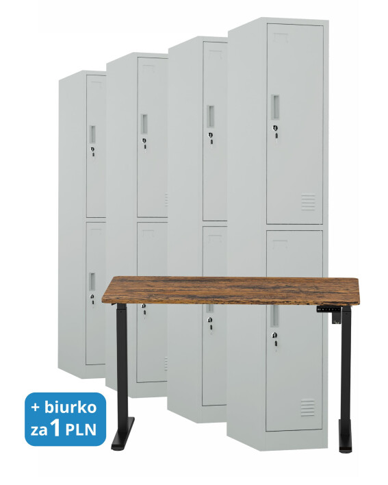 4x Szafa skrytkowa ubraniowa 2-drzwiowa, 1800x300x500 mm, szara + 1x Biurko z elektryczną regulacją wysokości, orzech/czarne za 1 zł - TechViking