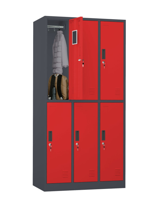 Szafa skrytkowa ubraniowa 6-drzwiowa, 1800x900x500 mm, grafitowo-czerwona - TechViking