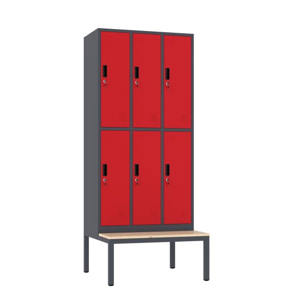 Szafa skrytkowa ubraniowa 6-drzwiowa z ławką, 1800x900x500 mm, grafitowo-czerwona - TechViking #1