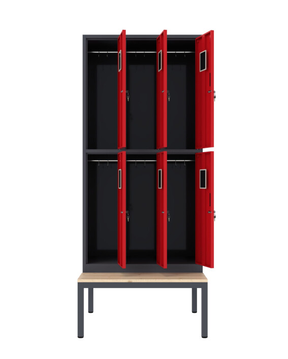 Szafa skrytkowa ubraniowa 6-drzwiowa z ławką, 1800x900x500 mm, grafitowo-czerwona - TechViking