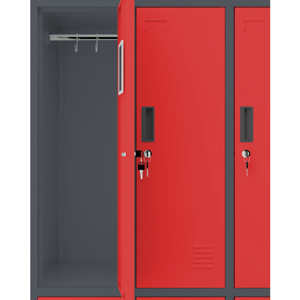 Szafa skrytkowa ubraniowa 6-drzwiowa z ławką, 1800x900x500 mm, grafitowo-czerwona - TechViking #3