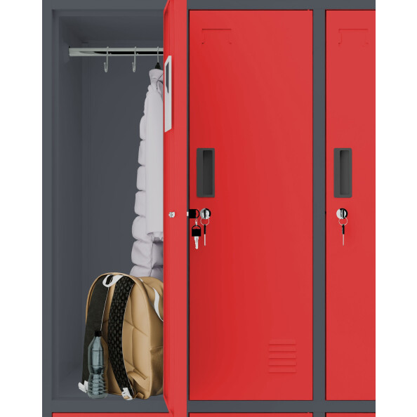 Szafa skrytkowa ubraniowa 6-drzwiowa z ławką, 1800x900x500 mm, grafitowo-czerwona - TechViking #4