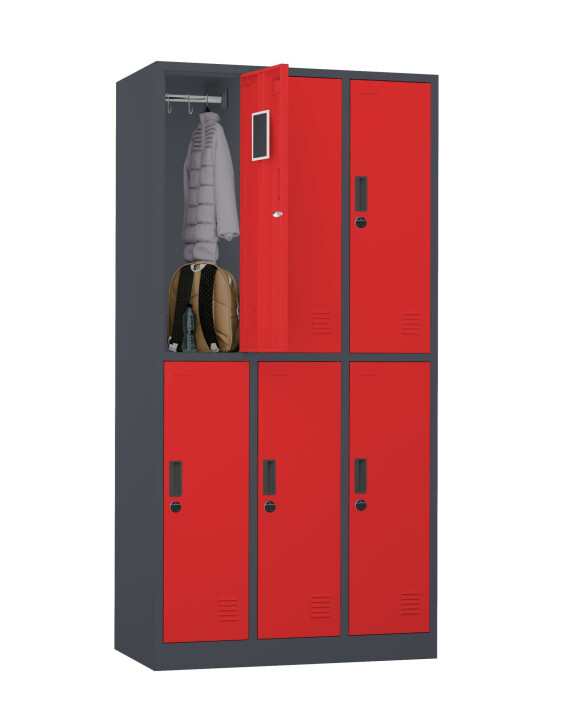 Szafa skrytkowa ubraniowa 6-drzwiowa, zamek elektroniczny, 1800x900x500 mm, grafitowo-czerwona - TechViking