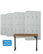 4 x Szafa skrytkowa ubraniowa 6-drzwiowa, 1800x900x500 mm, orzech/czarne + 1x Biurko z elektryczną regulacją wysokości, orzech/czarne za 1 zł - TechViking