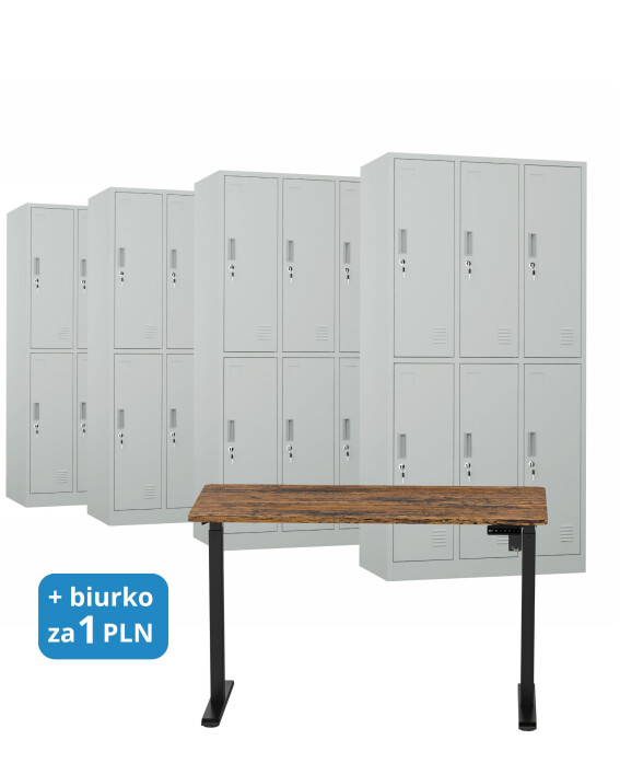 4 x Szafa skrytkowa ubraniowa 6-drzwiowa, 1800x900x500 mm, orzech/czarne + 1x Biurko z elektryczną regulacją wysokości, orzech/czarne za 1 zł - TechViking