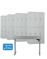 4 x Szafa skrytkowa ubraniowa 6-drzwiowa, 1800x900x500 mm, szara + 1x Biurko z elektryczną regulacją wysokości, szare za 1 zł - TechViking