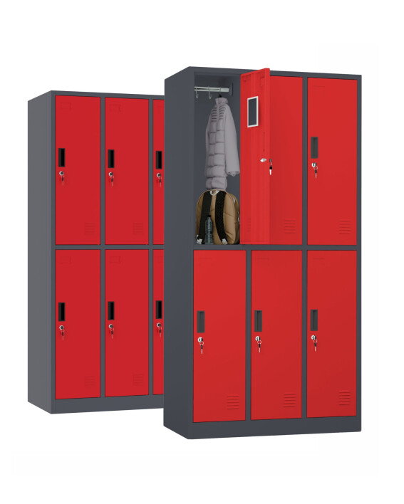 2 xSzafa skrytkowa ubraniowa 6-drzwiowa, 1800x900x500 mm, grafitowo-czerwona - TechViking