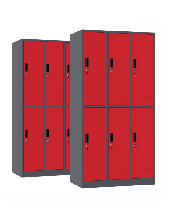 2 xSzafa skrytkowa ubraniowa 6-drzwiowa, 1800x900x500 mm, grafitowo-czerwona - TechViking