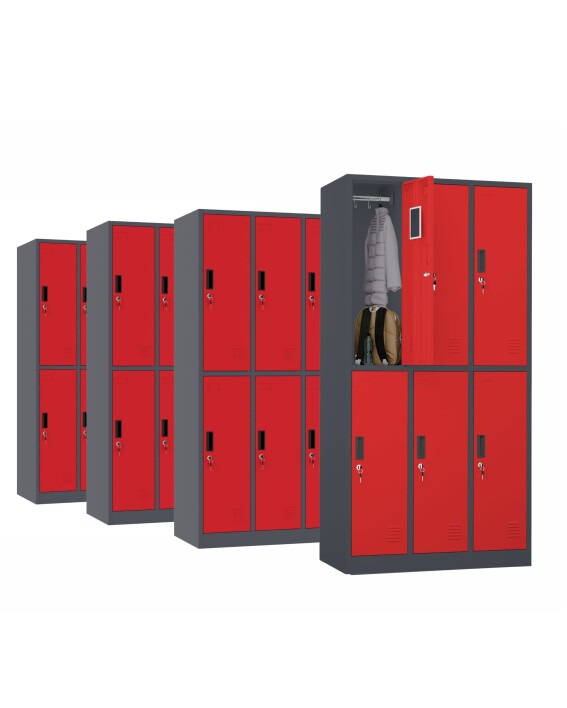 4 x Szafa skrytkowa ubraniowa 6-drzwiowa, 1800x900x500 mm, grafitowo-czerwona - TechViking