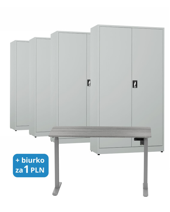 4x Biurowa szafa metalowa na dokumenty, 1950x1000x435 mm, szara + 1x Biurko z elektryczną regulacją wysokości, szare za 1 zł - TechViking