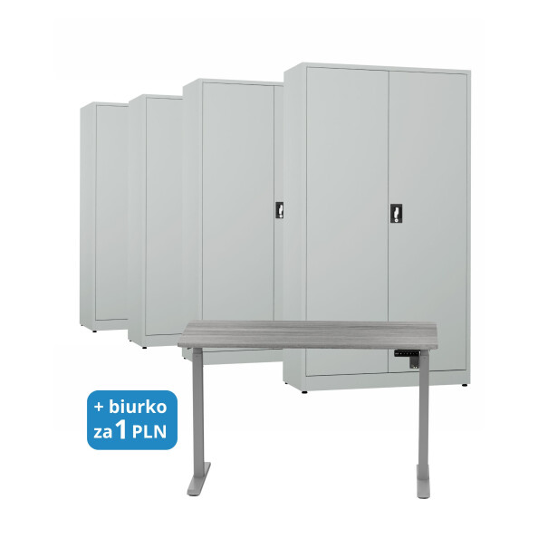 4x Biurowa szafa metalowa na dokumenty, 1950x1000x435 mm, szara + 1x Biurko z elektryczną regulacją wysokości, szare za 1 zł - TechViking #1