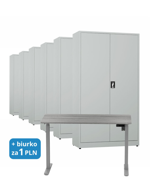 6x Biurowa szafa metalowa na dokumenty, 1950x1000x435 mm, szara + 1x Biurko z elektryczną regulacją wysokości, szare za 1 zł - TechViking