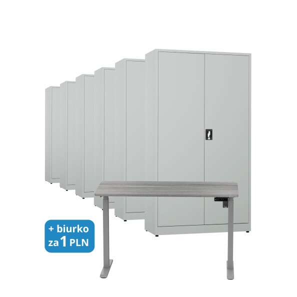 6x Biurowa szafa metalowa na dokumenty, 1950x1000x435 mm, szara + 1x Biurko z elektryczną regulacją wysokości, szare za 1 zł - TechViking #1