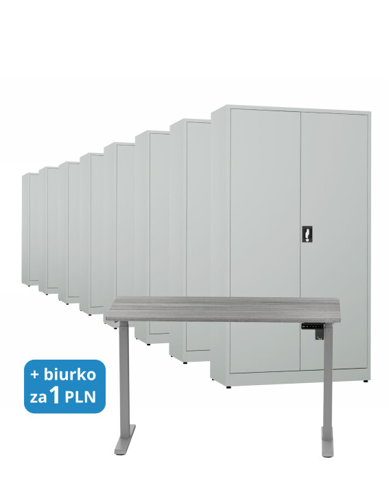 8x Biurowa szafa metalowa na dokumenty, 1950x1000x435 mm, szara + 1x Biurko z elektryczną regulacją wysokości, szare za 1 zł - TechViking