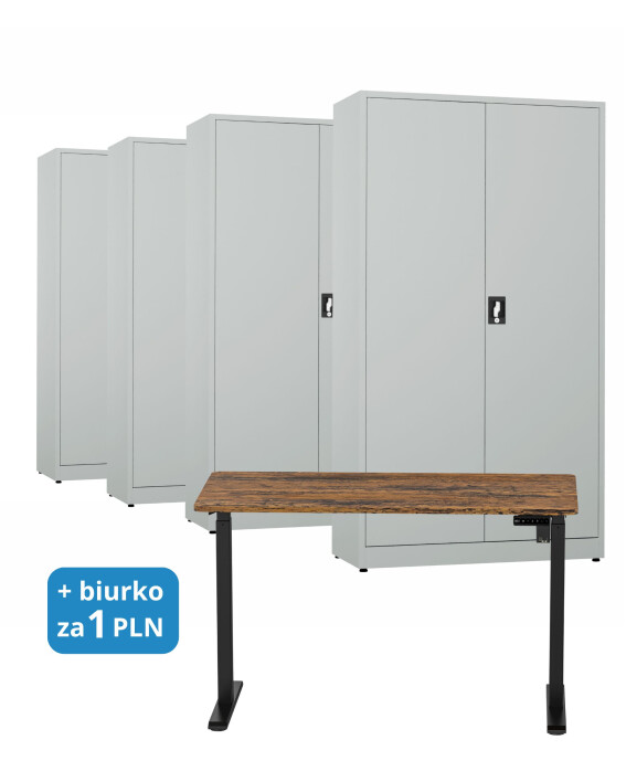4x Biurowa szafa metalowa na dokumenty, 1950x1000x435 mm, szara + 1x Biurko z elektryczną regulacją wysokości, orzech/czarne za 1 zł - TechViking