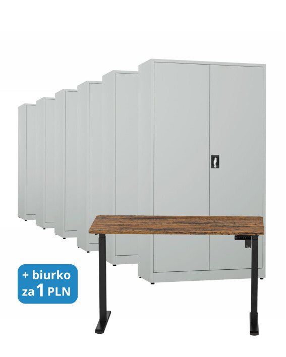 6x Biurowa szafa metalowa na dokumenty, 1950x1000x435 mm, szara + 1x Biurko z elektryczną regulacją wysokości, orzech/czarne za 1 zł - TechViking