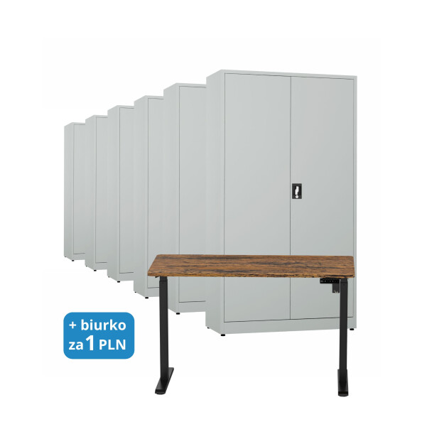 6x Biurowa szafa metalowa na dokumenty, 1950x1000x435 mm, szara + 1x Biurko z elektryczną regulacją wysokości, orzech/czarne za 1 zł - TechViking #1