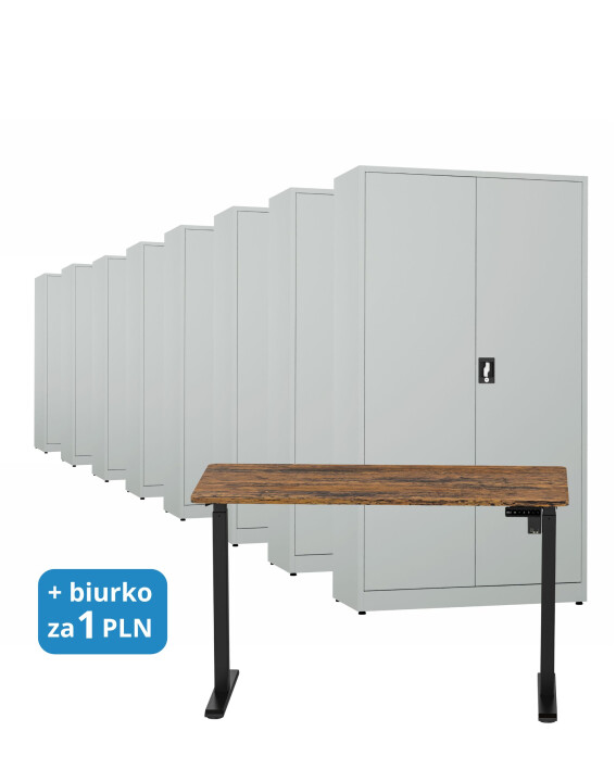 8x Biurowa szafa metalowa na dokumenty, 1950x1000x435 mm, szara + 1x Biurko z elektryczną regulacją wysokości, orzech/czarne za 1 zł - TechViking