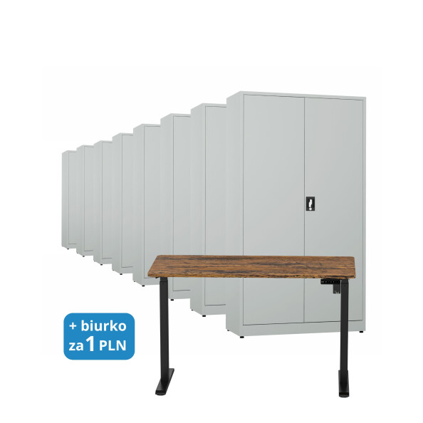 8x Biurowa szafa metalowa na dokumenty, 1950x1000x435 mm, szara + 1x Biurko z elektryczną regulacją wysokości, orzech/czarne za 1 zł - TechViking #1