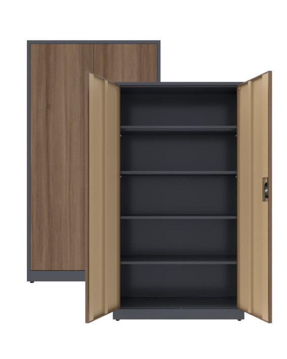 2x Biurowa szafa metalowa na dokumenty, 1950x1000x435 mm, NATURAL: grafitowa/orzech - TechViking