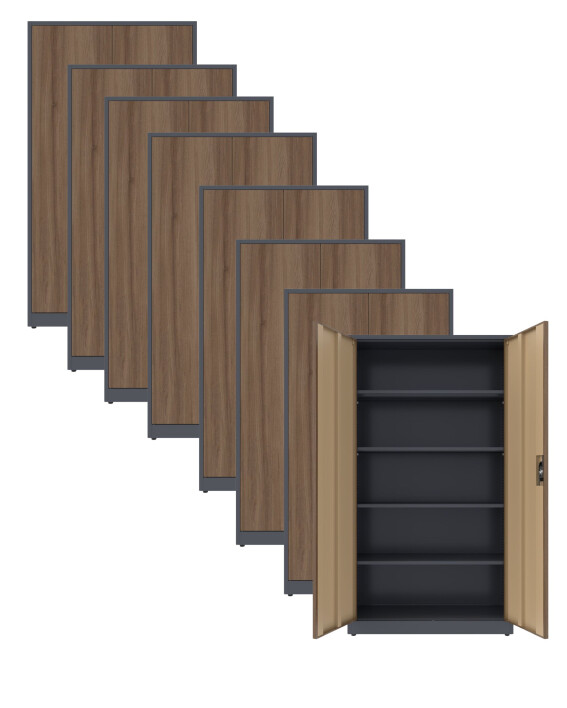 8x Biurowa szafa metalowa na dokumenty, 1950x1000x435 mm, NATURAL: grafitowa/orzech - TechViking