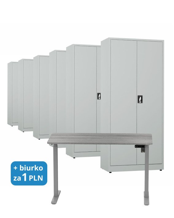 6x Biurowa szafa metalowa na dokumenty, 1950x800x435 mm, szara + 1x Biurko z elektryczną regulacją wysokości, szare za 1 zł - TechViking