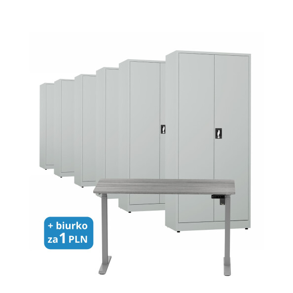 6x Biurowa szafa metalowa na dokumenty, 1950x800x435 mm, szara + 1x Biurko z elektryczną regulacją wysokości, szare za 1 zł - TechViking #1