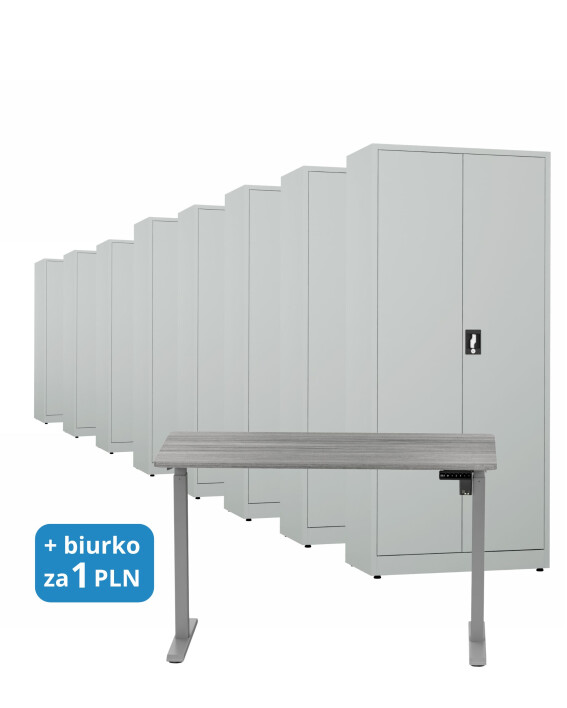 8x Biurowa szafa metalowa na dokumenty, 1950x800x435 mm, szara + 1x Biurko z elektryczną regulacją wysokości, szare za 1 zł - TechViking